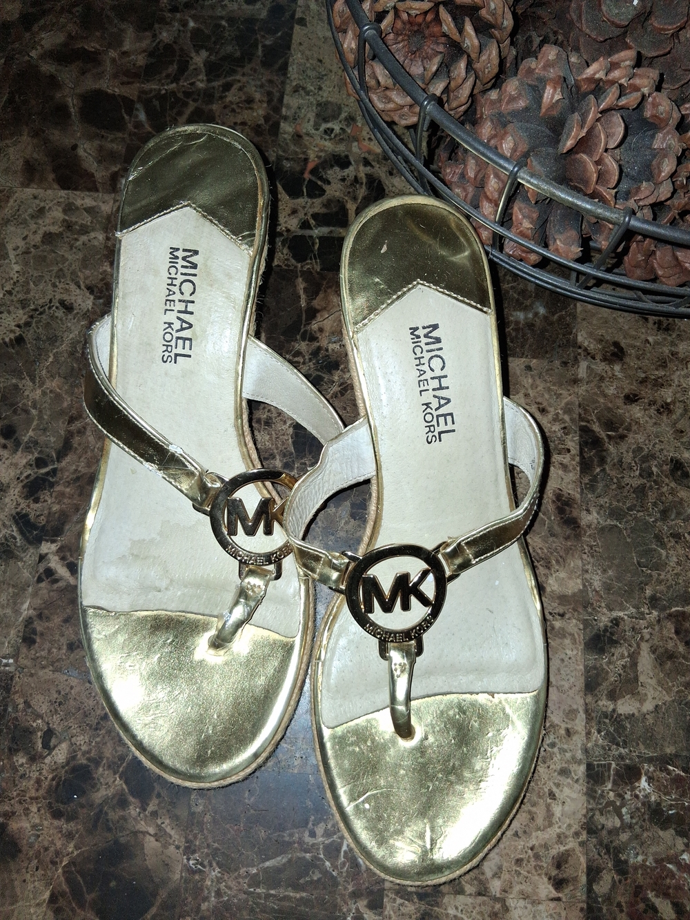 Michael Kors Gold MK Logo Thong Sandals